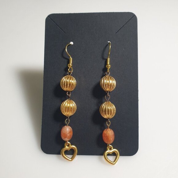 Handmade By Donovan Gold Tone Peach Dangle Earrings 3 Inch Hook Heart Bead Gift - Picture 1 of 4